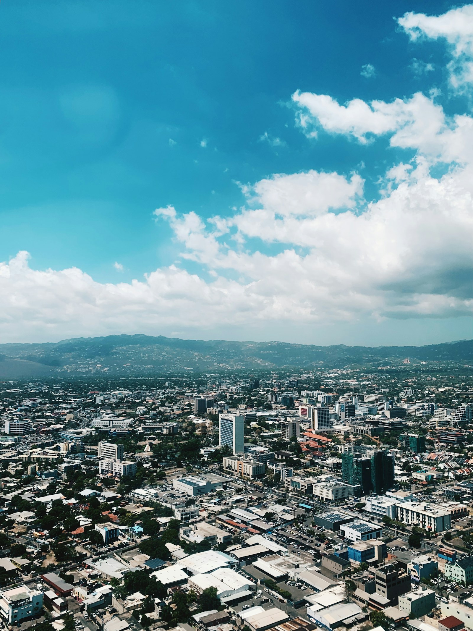 Kingston, Jamaica, seen from above with the mountains behind the city